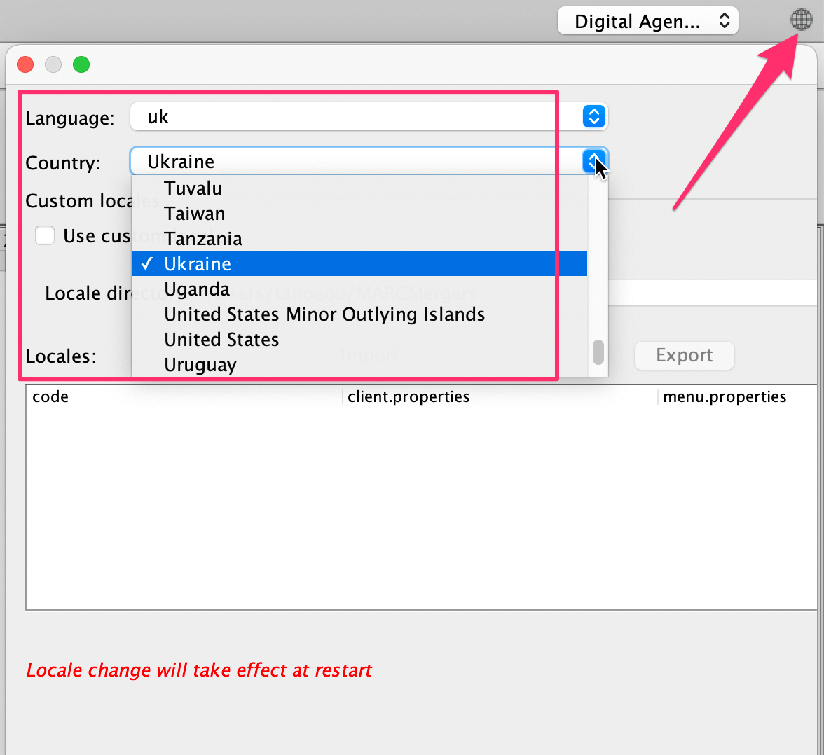 ProjectLibre dialog box for language selection